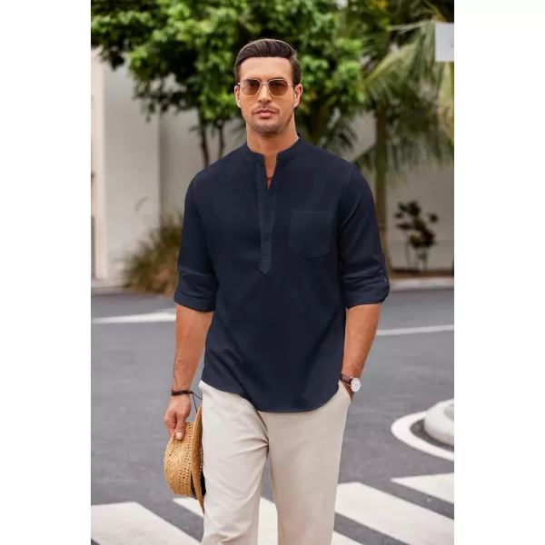 COOFANDY Men's Casual Henley Shirts Long Sleeve Band Collar Summer Linen Beach Hippie T Shirts with Pocket