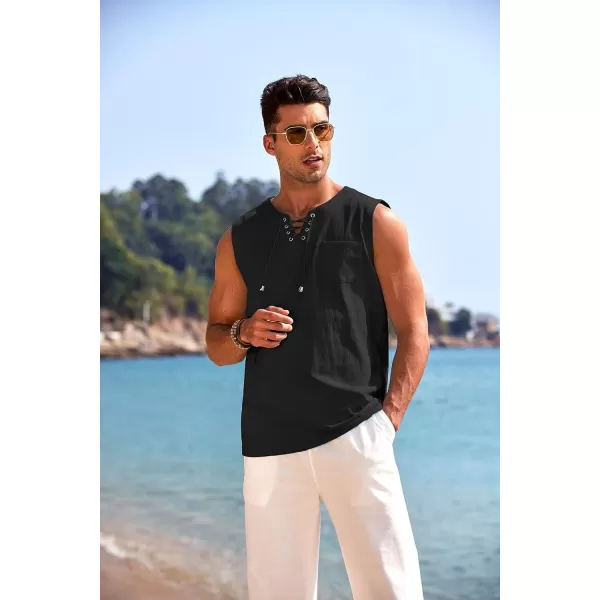 COOFANDY Men's Cotton Linen Tank Top Shirts Casual Sleeveless Lace Up Beach Hippie Tops Bohemian Renaissance Pirate Tunic