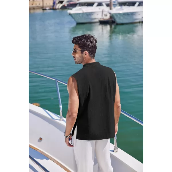 COOFANDY Mens Cotton Linen Tank Tops Beach Casual Sleeveless Henley Tank Shirts Black