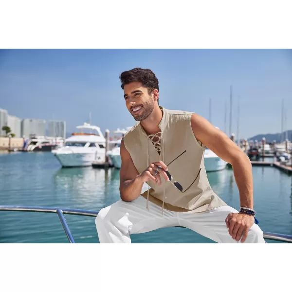 COOFANDY Mens Cotton Linen Tank Tops Beach Casual Sleeveless Henley Tank Shirts Black