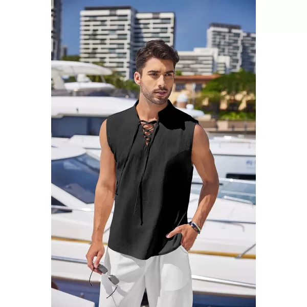 COOFANDY Mens Cotton Linen Tank Tops Beach Casual Sleeveless Henley Tank Shirts Black