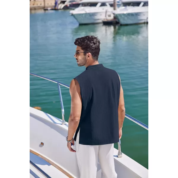 COOFANDY Mens Cotton Linen Tank Tops Beach Casual Sleeveless Henley Tank Shirts Black