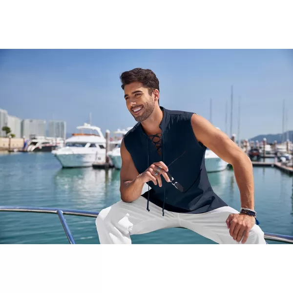 COOFANDY Mens Cotton Linen Tank Tops Beach Casual Sleeveless Henley Tank Shirts Black
