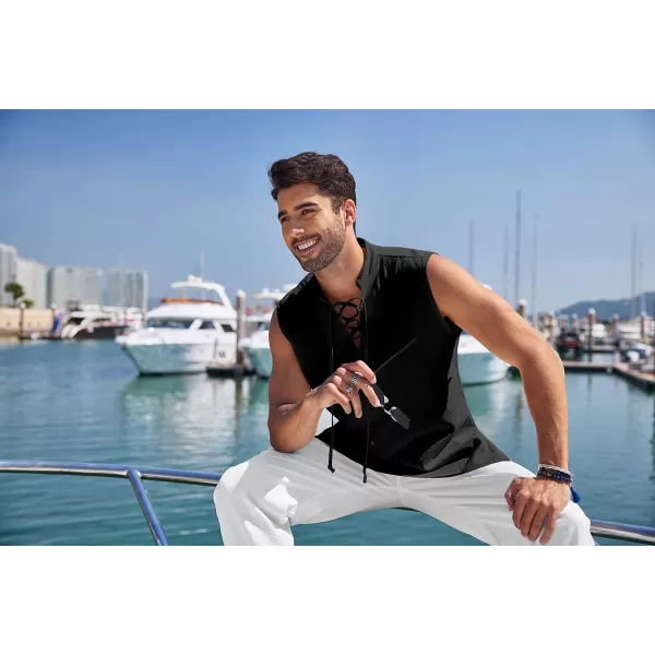 COOFANDY Mens Cotton Linen Tank Tops Beach Casual Sleeveless Henley Tank Shirts Black