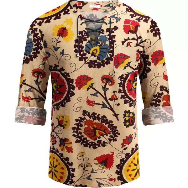 COOFANDY Mens Linen Beach Tee Shirts Cotton Hippie Shirts V Neck Long Sleeve Tunic Big and Tall Yoga Shirt