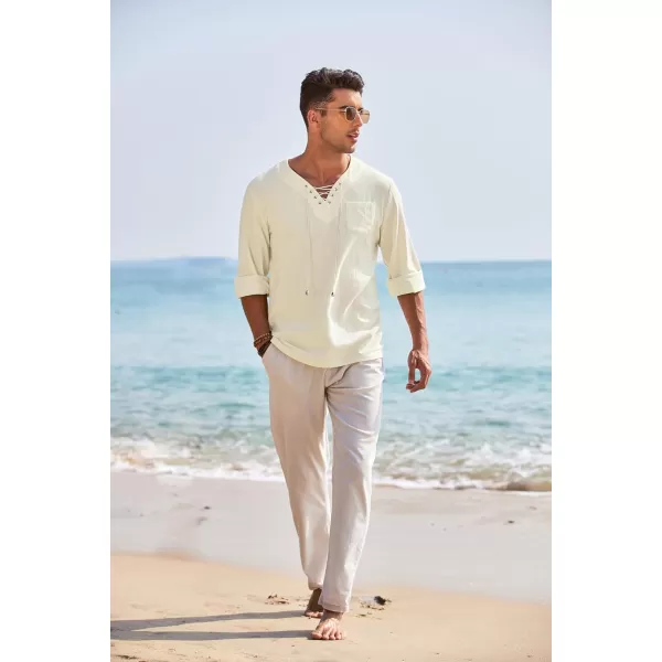 COOFANDY Mens Linen Beach Tee Shirts Cotton Hippie Shirts V Neck Long Sleeve Tunic Big and Tall Yoga Shirt