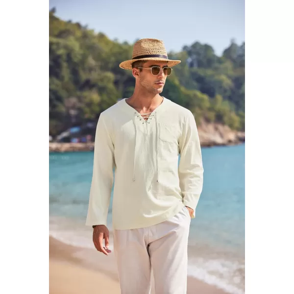 COOFANDY Mens Linen Beach Tee Shirts Cotton Hippie Shirts V Neck Long Sleeve Tunic Big and Tall Yoga Shirt