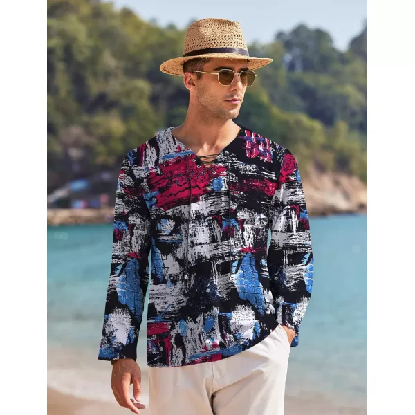 COOFANDY Mens Linen Beach Tee Shirts Cotton Hippie Shirts V Neck Long Sleeve Tunic Big and Tall Yoga Shirt