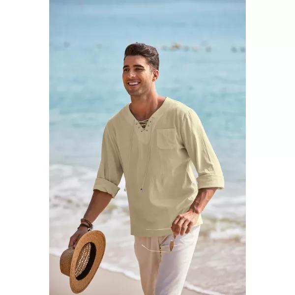 COOFANDY Mens Linen Beach Tee Shirts Cotton Hippie Shirts V Neck Long Sleeve Tunic Big and Tall Yoga Shirt