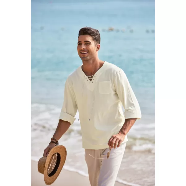 COOFANDY Mens Linen Beach Tee Shirts Cotton Hippie Shirts V Neck Long Sleeve Tunic Big and Tall Yoga Shirt