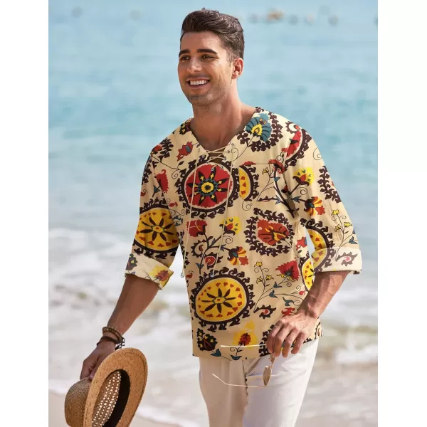 COOFANDY Mens Linen Beach Tee Shirts Cotton Hippie Shirts V Neck Long Sleeve Tunic Big and Tall Yoga Shirt