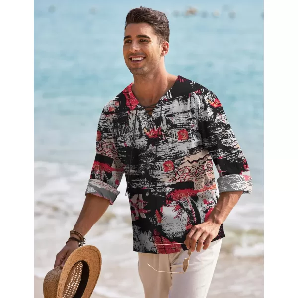 COOFANDY Mens Linen Beach Tee Shirts Cotton Hippie Shirts V Neck Long Sleeve Tunic Big and Tall Yoga Shirt