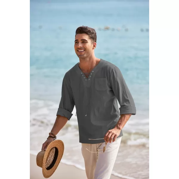 COOFANDY Mens Linen Beach Tee Shirts Cotton Hippie Shirts V Neck Long Sleeve Tunic Big and Tall Yoga Shirt