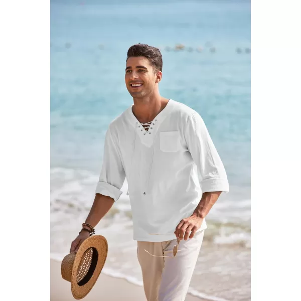 COOFANDY Mens Linen Beach Tee Shirts Cotton Hippie Shirts V Neck Long Sleeve Tunic Big and Tall Yoga Shirt
