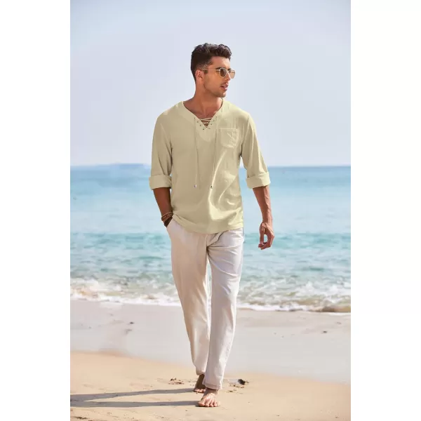 COOFANDY Mens Linen Beach Tee Shirts Cotton Hippie Shirts V Neck Long Sleeve Tunic Big and Tall Yoga Shirt
