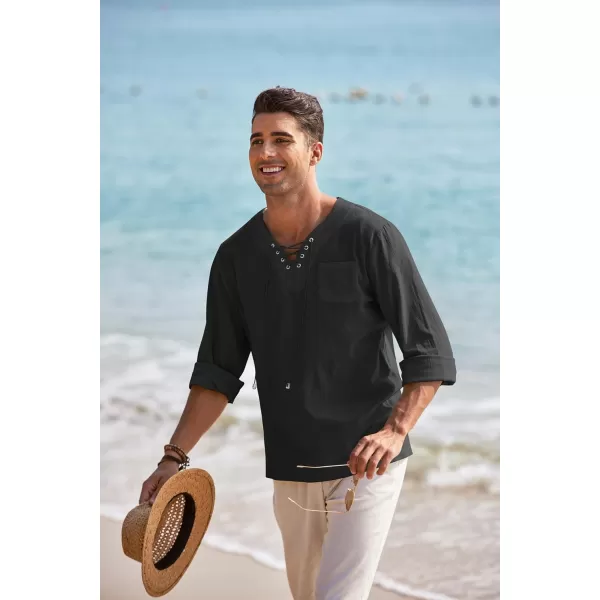 COOFANDY Mens Linen Beach Tee Shirts Cotton Hippie Shirts V Neck Long Sleeve Tunic Big and Tall Yoga Shirt