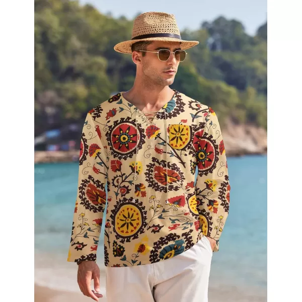 COOFANDY Mens Linen Beach Tee Shirts Cotton Hippie Shirts V Neck Long Sleeve Tunic Big and Tall Yoga Shirt