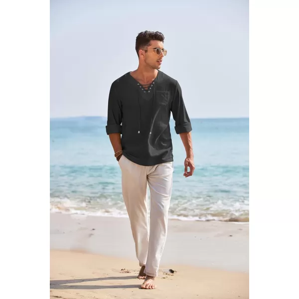 COOFANDY Mens Linen Beach Tee Shirts Cotton Hippie Shirts V Neck Long Sleeve Tunic Big and Tall Yoga Shirt