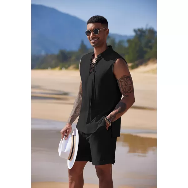 COOFANDY Men's Linen Sets 2 Piece Beach Outfits Lace Up Hippie Tank Tops Summer Casual Sleeveless Shirts Matching Shorts Set