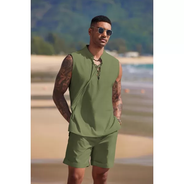 COOFANDY Men's Linen Sets 2 Piece Beach Outfits Lace Up Hippie Tank Tops Summer Casual Sleeveless Shirts Matching Shorts Set