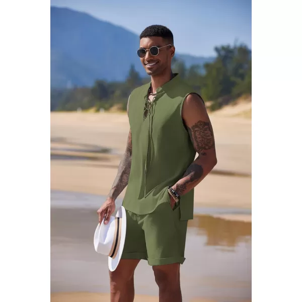COOFANDY Men's Linen Sets 2 Piece Beach Outfits Lace Up Hippie Tank Tops Summer Casual Sleeveless Shirts Matching Shorts Set