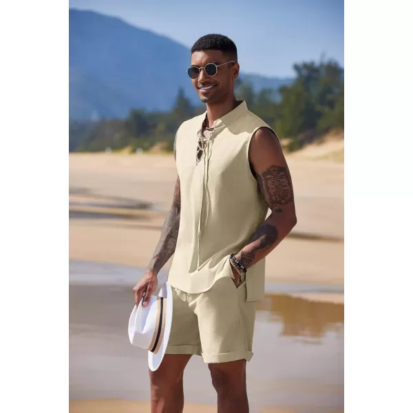 COOFANDY Men's Linen Sets 2 Piece Beach Outfits Lace Up Hippie Tank Tops Summer Casual Sleeveless Shirts Matching Shorts Set