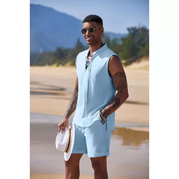 COOFANDY Men's Linen Sets 2 Piece Beach Outfits Lace Up Hippie Tank Tops Summer Casual Sleeveless Shirts Matching Shorts Set