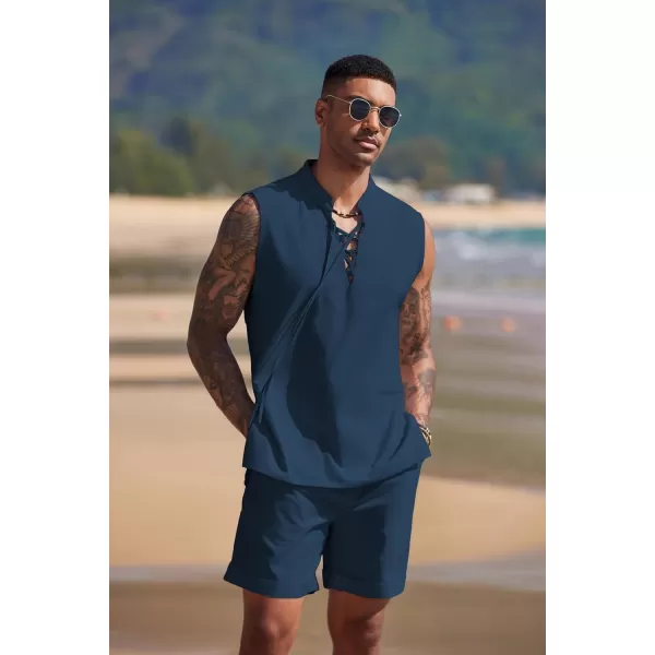 COOFANDY Men's Linen Sets 2 Piece Beach Outfits Lace Up Hippie Tank Tops Summer Casual Sleeveless Shirts Matching Shorts Set