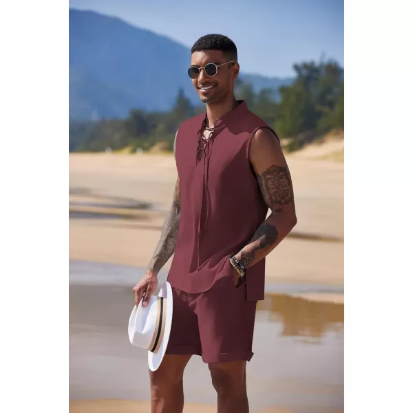 COOFANDY Men's Linen Sets 2 Piece Beach Outfits Lace Up Hippie Tank Tops Summer Casual Sleeveless Shirts Matching Shorts Set