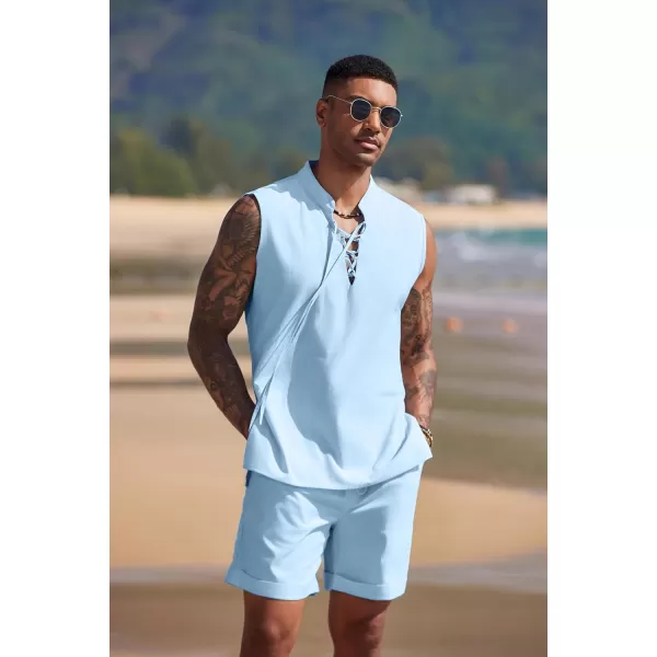 COOFANDY Men's Linen Sets 2 Piece Beach Outfits Lace Up Hippie Tank Tops Summer Casual Sleeveless Shirts Matching Shorts Set