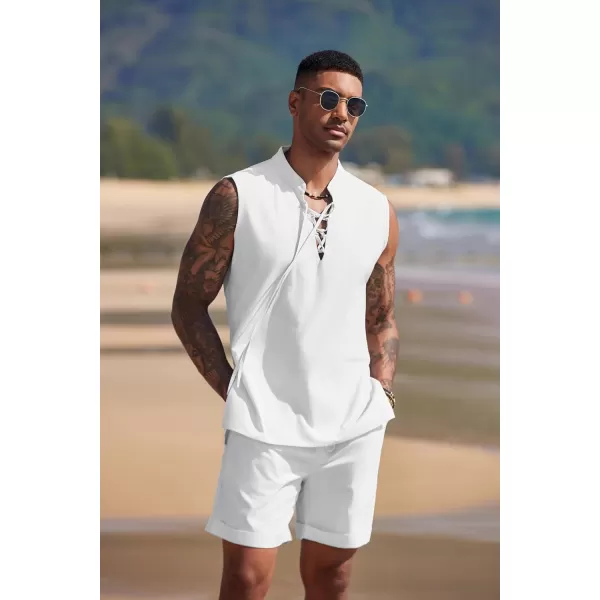 COOFANDY Men's Linen Sets 2 Piece Beach Outfits Lace Up Hippie Tank Tops Summer Casual Sleeveless Shirts Matching Shorts Set