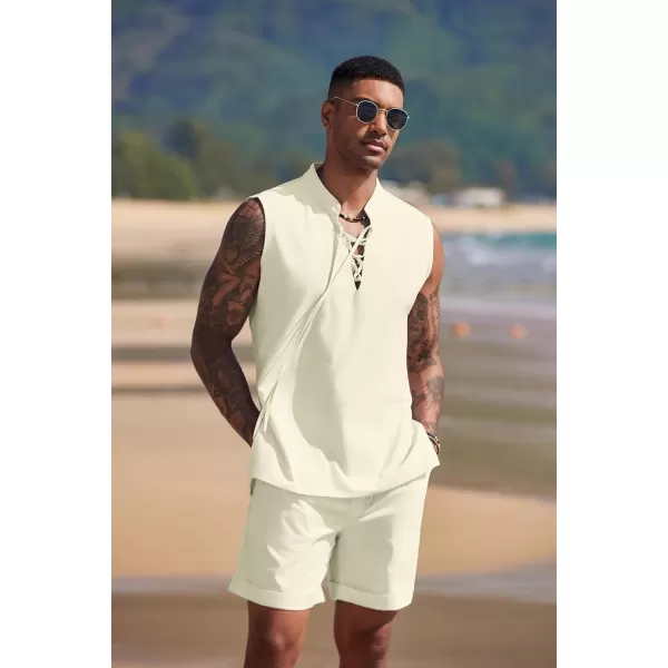 COOFANDY Men's Linen Sets 2 Piece Beach Outfits Lace Up Hippie Tank Tops Summer Casual Sleeveless Shirts Matching Shorts Set
