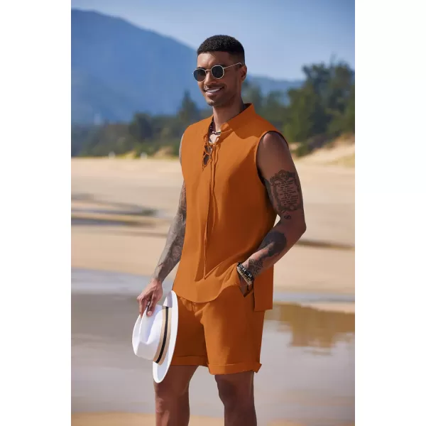COOFANDY Men's Linen Sets 2 Piece Beach Outfits Lace Up Hippie Tank Tops Summer Casual Sleeveless Shirts Matching Shorts Set