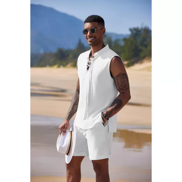 COOFANDY Men's Linen Sets 2 Piece Beach Outfits Lace Up Hippie Tank Tops Summer Casual Sleeveless Shirts Matching Shorts Set