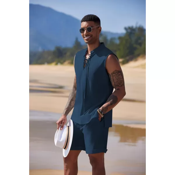 COOFANDY Men's Linen Sets 2 Piece Beach Outfits Lace Up Hippie Tank Tops Summer Casual Sleeveless Shirts Matching Shorts Set