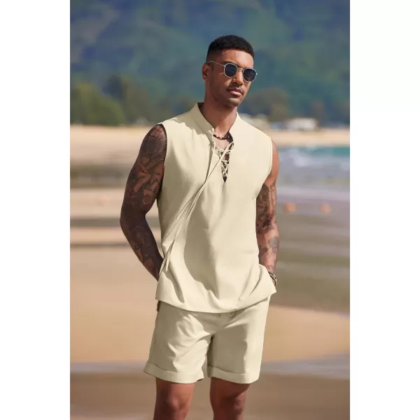 COOFANDY Men's Linen Sets 2 Piece Beach Outfits Lace Up Hippie Tank Tops Summer Casual Sleeveless Shirts Matching Shorts Set
