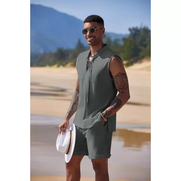 COOFANDY Men's Linen Sets 2 Piece Beach Outfits Lace Up Hippie Tank Tops Summer Casual Sleeveless Shirts Matching Shorts Set