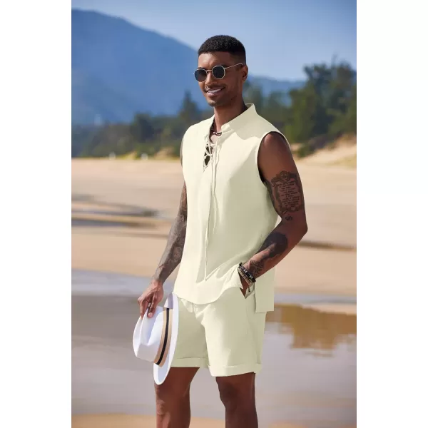 COOFANDY Men's Linen Sets 2 Piece Beach Outfits Lace Up Hippie Tank Tops Summer Casual Sleeveless Shirts Matching Shorts Set