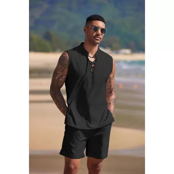 COOFANDY Men's Linen Sets 2 Piece Beach Outfits Lace Up Hippie Tank Tops Summer Casual Sleeveless Shirts Matching Shorts Set
