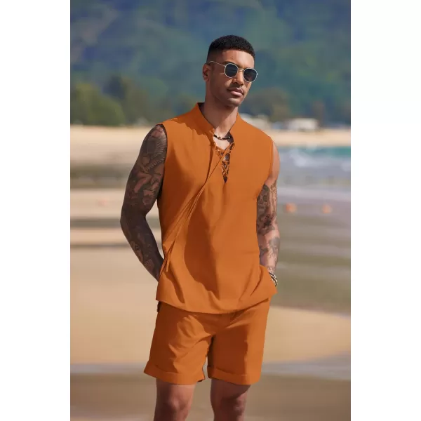 COOFANDY Men's Linen Sets 2 Piece Beach Outfits Lace Up Hippie Tank Tops Summer Casual Sleeveless Shirts Matching Shorts Set