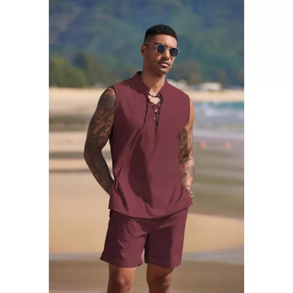 COOFANDY Men's Linen Sets 2 Piece Beach Outfits Lace Up Hippie Tank Tops Summer Casual Sleeveless Shirts Matching Shorts Set