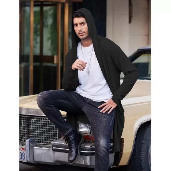 COOFANDY Men's Long Hooded Cardigan Shawl Collar Lightweight Open Front Drape Cape Overcoat with Pockets