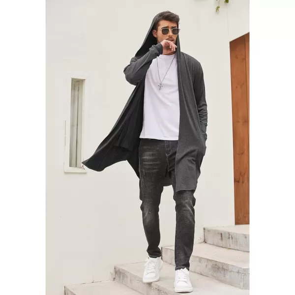 COOFANDY Men's Long Hooded Cardigan Shawl Collar Lightweight Open Front Drape Cape Overcoat with Pockets