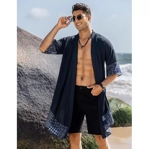 COOFANDY Men's Ruffle Shawl Collar Cotton Cardigan Long Kimono Jackets Open Front Drape Cape Coat