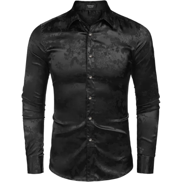 COOFANDY Men's Silk Satin Dress Shirts Jacquard Long Sleeve Floral Button Up Shirts Party Prom Wedding Shirt