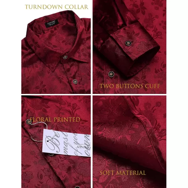COOFANDY Men's Silk Satin Dress Shirts Jacquard Long Sleeve Floral Button Up Shirts Party Prom Wedding Shirt