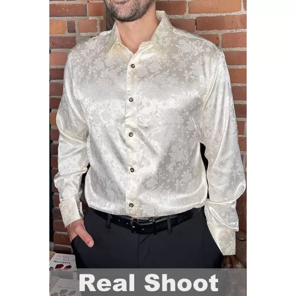 COOFANDY Men's Silk Satin Dress Shirts Jacquard Long Sleeve Floral Button Up Shirts Party Prom Wedding Shirt