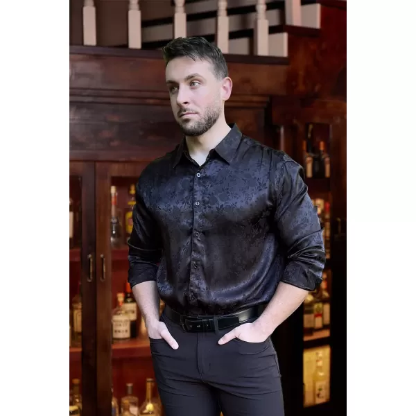 COOFANDY Men's Silk Satin Dress Shirts Jacquard Long Sleeve Floral Button Up Shirts Party Prom Wedding Shirt