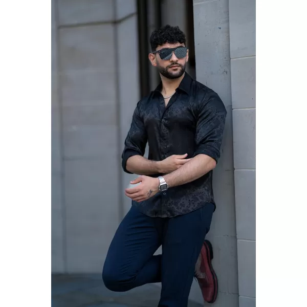 COOFANDY Men's Silk Satin Dress Shirts Jacquard Long Sleeve Floral Button Up Shirts Party Prom Wedding Shirt