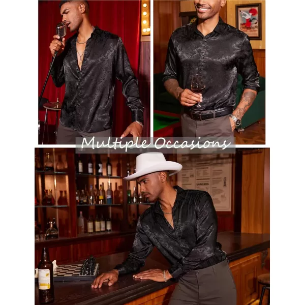 COOFANDY Men's Silk Satin Dress Shirts Jacquard Long Sleeve Floral Button Up Shirts Party Prom Wedding Shirt